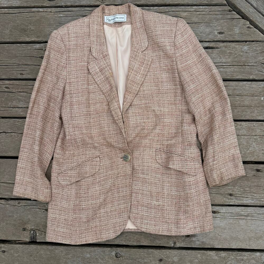 Evan Picone Blazer Jacket Tweed Textured 90s Vintage Women Size 14 Brown Pink